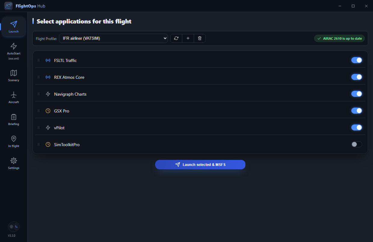 Launch tab in FlightOps Hub — selecting apps for a flight and launching with one click